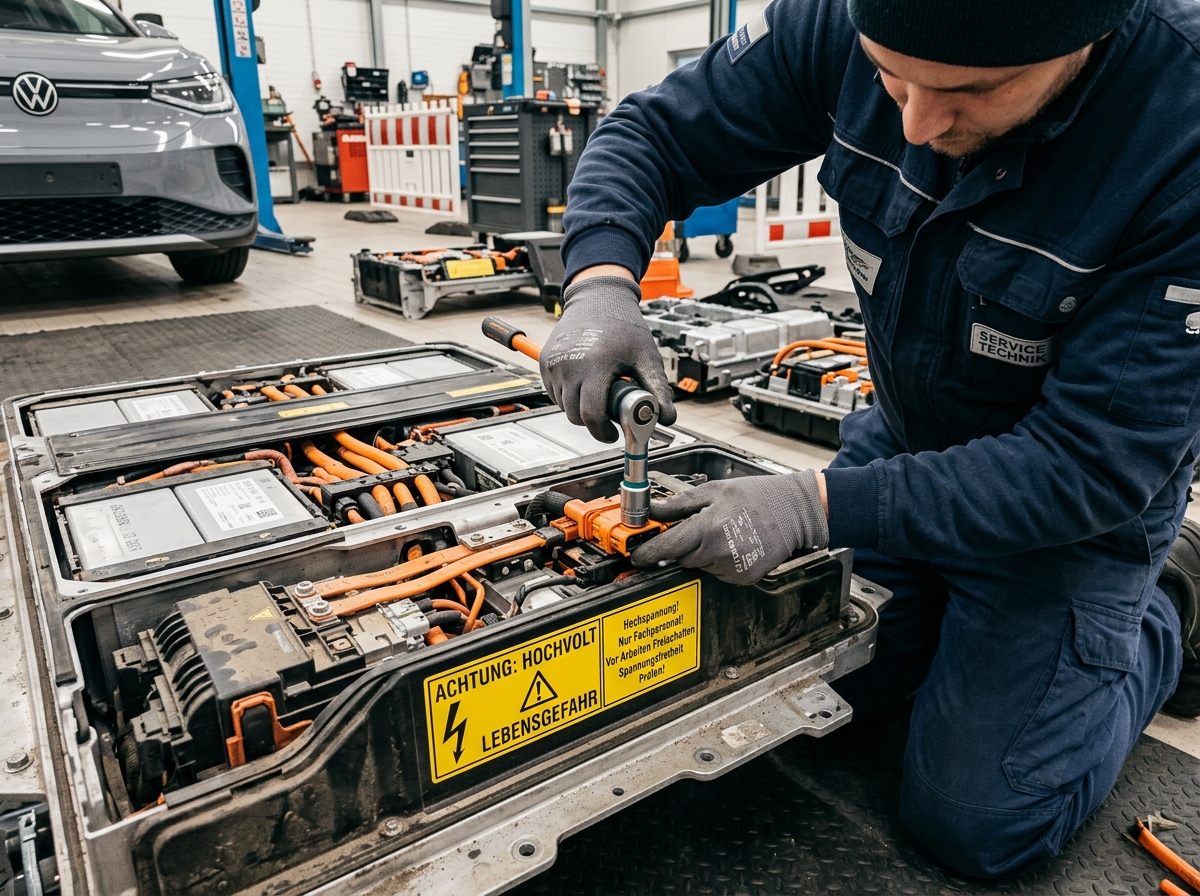 Hochvolt-Batterie eines Elektroautos wird in der Werkstatt gewartet
