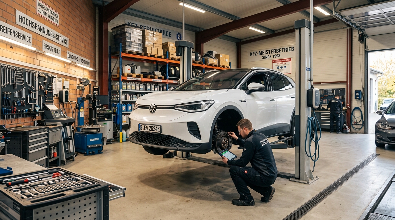 Wartungsarbeiten an einem Elektrofahrzeug in der VRP KFZ Profis Werkstatt